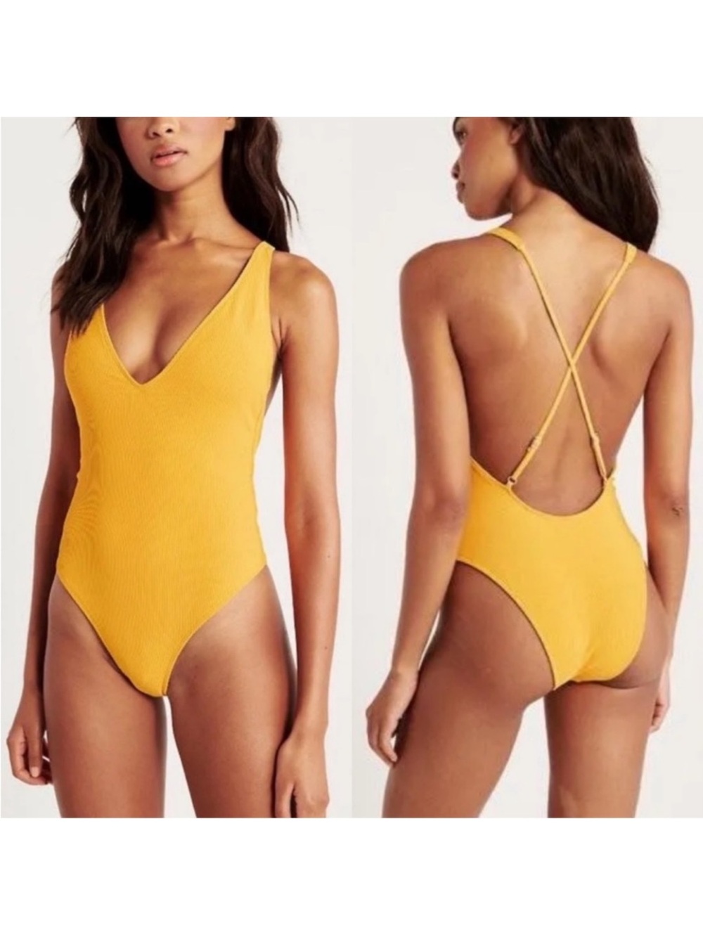 Abercrombie & Fitch Ribbed Deep-V One Piece Swimsuit Yellow/Gold Size Small